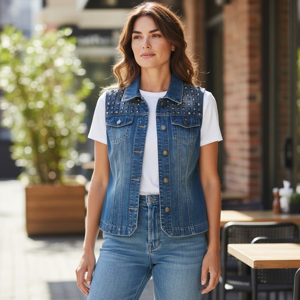 RuffHewn Denim Vest Blue Jean SMALL Studded Embelishment Medium Wash Boho Womens